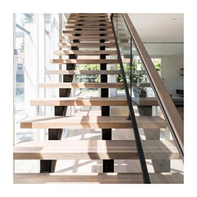 China Straight Mono Stringer Stair Wood Tread Glass Railing Staircase zu verkaufen