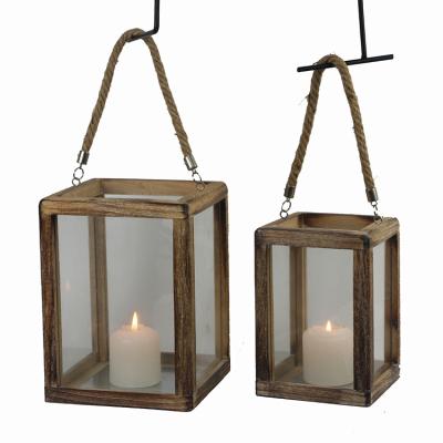 China Home decoration in stock wooden lantern with European glass lantern outdoor candle holders glass candle holders and rope hanger for sale