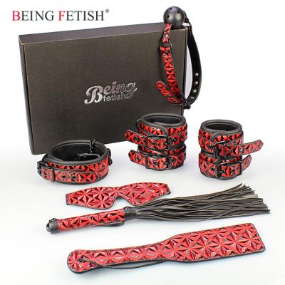 China 7pcs Bondage Kits Diamond Sexy Slave Adult Red Leather BDSM Set Bondage Kit Restraints For Couples Play for sale