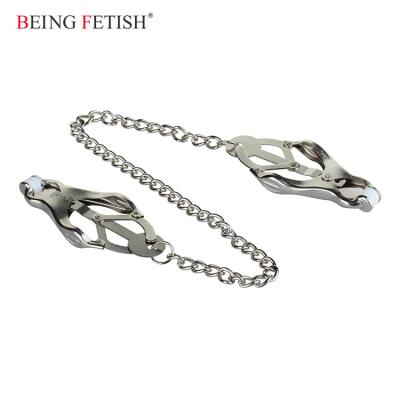 China Fantasy BDSM Two Nipple Clamps With Chains Sex Toy Adjustable Silver Metal Nipple Restraints Bondage With Chain for sale