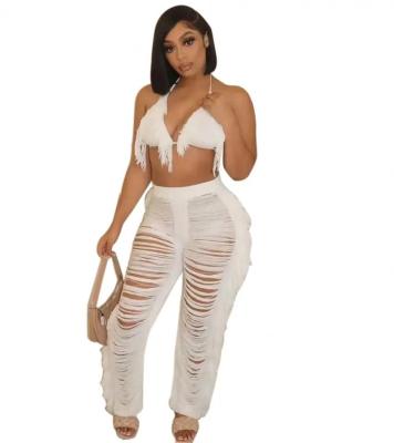 China 2023 New Arrival Fashion Breathable Spring Solid Color Sleeveless Bikini Fringe Knitted Straight-leg Beach Pants Set Sexy Two-piece Set for sale