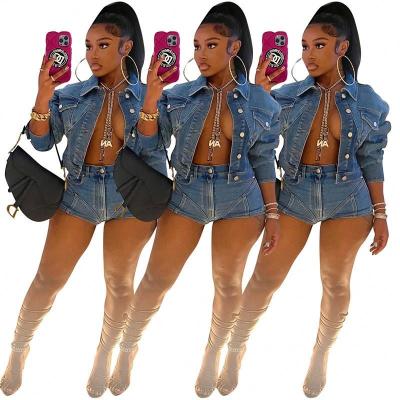 China Fashion Breathable Warm Fall New Arrivals American Clothing Ladies Stretch Casual Denim Shorts Jeans Jacket 2 Piece Set Women for sale