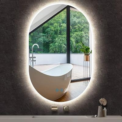 China Illuminated Backlit Oval Lighted Mirror For Bathroom With Lights Anti Fog Frameless 3 Color Dimmable Smart Light Up Oval LED Bath Mirror for sale