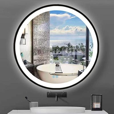 China Round LED Lighted Bathroom Mirror With Lights For Bathroom Framed Vanity Light Reflects 3 Colors Dimmable Smart Circle LED Mirror for sale