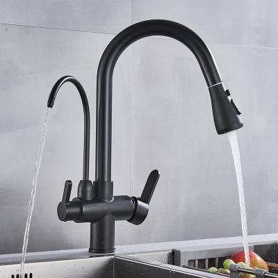 China Matte Black Pure Water Kitchen Thermostatic Faucets Dual Handle Hot And Cold Drinking Water Pull Out Kitchen Mixer Taps for sale