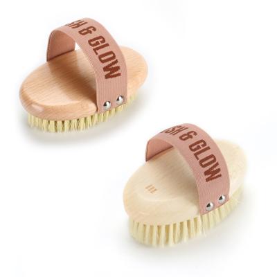 China Pink Strap Natural Bristle Back Scrubber Wooden Body Brush Oval Shaped 154g for sale