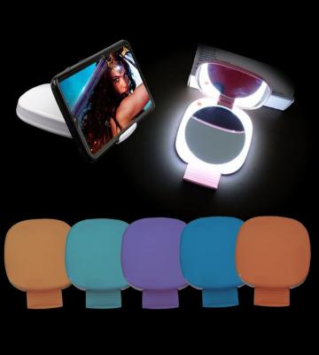 China Lighted Portable LED Makeup Mirror With Cell Phone Holder Function LED Mini Pocket Rechargeable Mirror For Makeup for sale