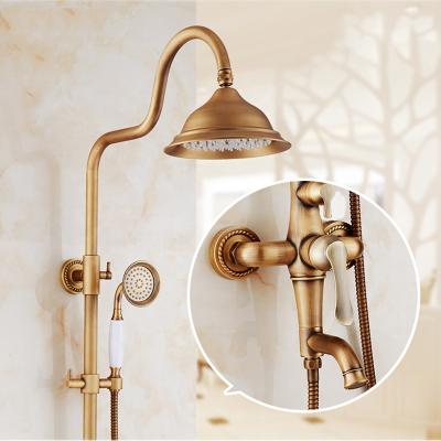 China With European Retro Slide Bar Shower Faucets KINGLIONS Luxury Antique Brass Shower Head Round Bathroom Shower Mixer Faucet Set for sale