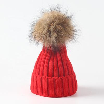 China COMMON Custom Knit Girls Striped Cashmere Cable With Faux Rabbit Fox Ball Flip Fur Pom Pom Beanie Hats for sale