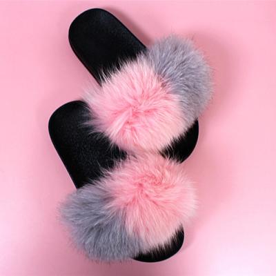 China Wholesale Custom Fashion Trend Ladies Slipper Flip Flop Designer Rainbow Pink Furry Flat Real Slides Children's Fluffy Fuzzy Women's Fur Sandals for sale