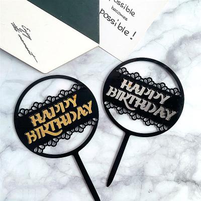 China Eco-friendly Acrylic Topper Cake Round Happy Birthday Letters Black Lace Design For Birthday Cake Decoration for sale