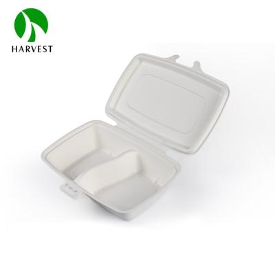 China Compostable Rectangular Food 2 Compartments Clamshell Sugar Cane Container for sale