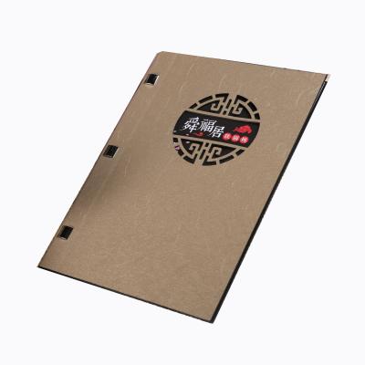 China Hot Stamping Style PU Leather Hollow-concave-convex Soft Cover Outside Three Screw Binding A4 Size Restaurant Menu For Sale for sale