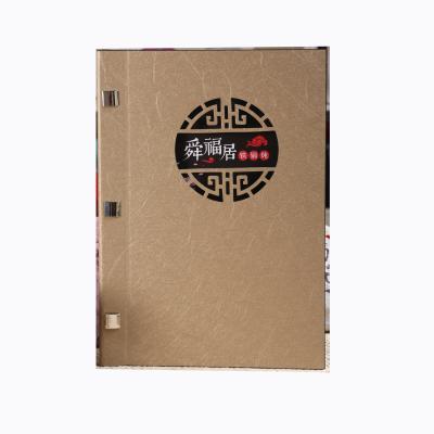 China Hollow-out A4 Size Custom Cover Three Outside Cover Screws Connecting Printing Service PU Menu Available Leather Book For Restoutant for sale