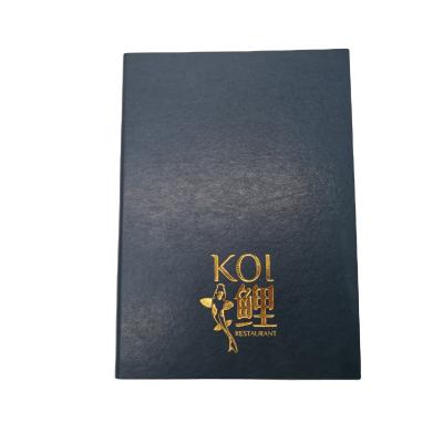 China Hot Stamping Logo Gold PU Leather Cover Logo Design Good Quality Restaurant Menu Hot Black for sale