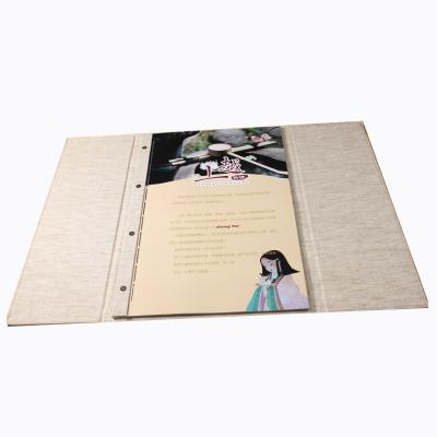 China Concave Unique Double Door PU Leatehr Hot Stamping Soft Menu Cover Inside A4 Size Coated Papers Screws Binding Restaurant Menu For Sale for sale