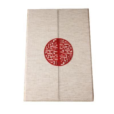 China Concave Chinese Antique Double Doors Style High Grade PU Leather Cover Good Quality Menu Hot Stamping Open Book For Restaurant for sale