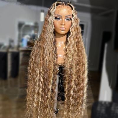 China Brazilian Body Wave Glueless Highlight 26inch Water Wave Wigs Virgin Brazilian Lace Front Wig Pre-Plucked Hairline Lace Frontal Wigs for sale