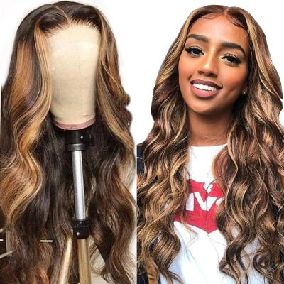 China 40in Silky 13X4 Lace Frontal Piano Highlights Bodywave Wig Dark Brown Wig With Highlights Chocolate Blonde Highlight Hair Wig for sale