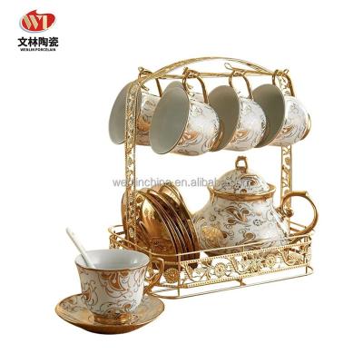 China WENLIN 1L Viable Factory Wholesale Price 13pcs Tea Set 220ml Teacup Ceramic Teapot with Metal Stand New bone china for drinkware for sale