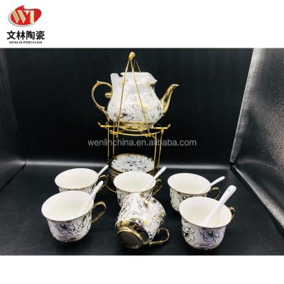 China WENLIN 1L Viable Factory Wholesale Price 21pcs Tea Set 220ml Tea Cup Ceramic Teapot with Metal Stand New bone china for drinkware for sale