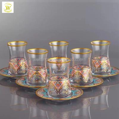 China Viable Unique Arabic Design 6 Saucers Factory Price With 6 Cup Glass Tea Set for sale