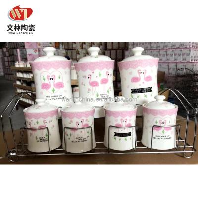 China WENLIN Factory 7pcs Viable Porcelain Spice Jar Salt Condiment Canister Set Seasonings Sugar Jar With Metal Holder for sale