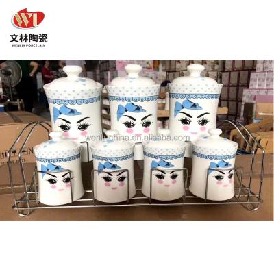 China WENLIN Factory 7pcs Viable Porcelain Spice Jar Salt Condiment Canister Set Seasonings Sugar Jar With Metal Holder for sale