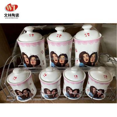 China WENLIN Factory 7pcs Viable Porcelain Spice Jar Salt Condiment Canister Set Seasonings Sugar Jar With Metal Holder for sale