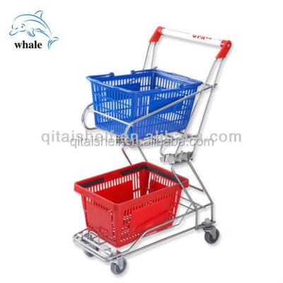 China Unfolding Supermarket Double Layer Basket Metal Shopping Trolley Trolley for sale