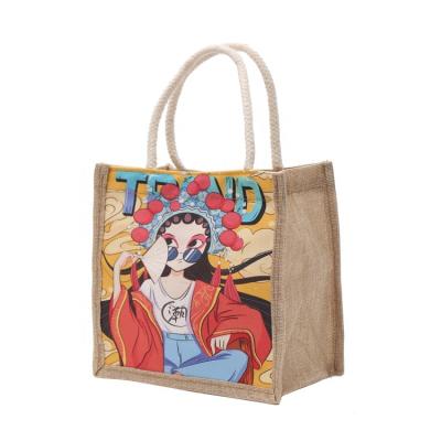 China Hot Sale Recyclable Printed Burlap Handles Handbag Tote Bag Customized Jute Bag Canvas Shopping Bags for sale