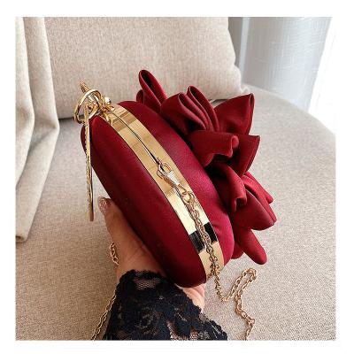 China Red Silk Satin Flower Clutch Purse Women Evening Clutch Bag Wedding Exquisite Silk Purse Chain Shoulder Bags for sale