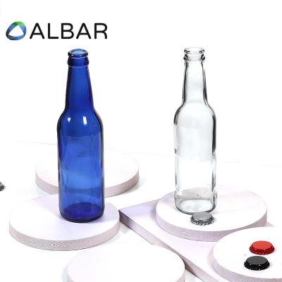 China Eco-friendly Recyclable Blue Empty Round Soda Water Tequila Soft Drink Brew Beer Juice Cola Beverage Glass Bottles With Crown Caps Rubber Stopper for sale