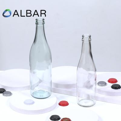 China Eco-friendly Recyclable Blank Tequila Soft Drink Square Clear Brew Beer Juice Cola Beverage Glass Bottles With Crown Caps Rubber Stopper for sale