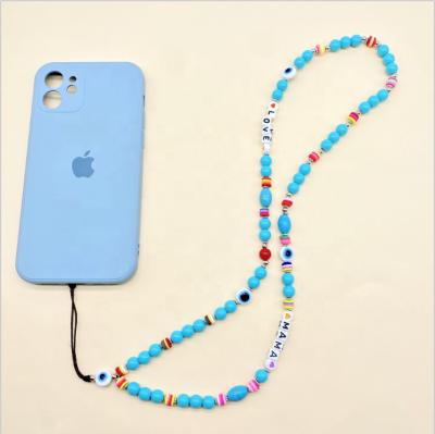 China Crystal Zuowen 80cm Round Phone Chain Lanyard Evil Eye Beaded Long Chain Strap Clay Beads For Mobile Phone for sale