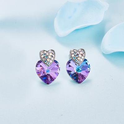 China Antioxidation Women Girls Heart Shape Stud Earring Glass Rhinestone Blue Purple Crystal Heart Dangle Earring for sale