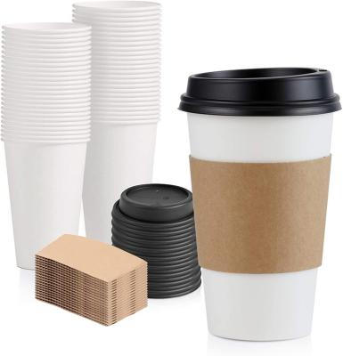 China Recycled Materials Medium 16 oz Hot Beverage White Paper Disposable Coffee Cup With Black Dome Lid And Kraft Sleeve for sale