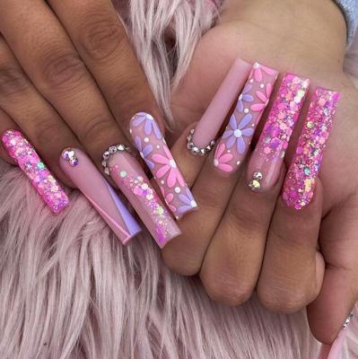 China New High Quality Durable Brilliant Rose Diamond Nails Almond Art Customized Design And Long French Nails Press On Fake Nails for sale