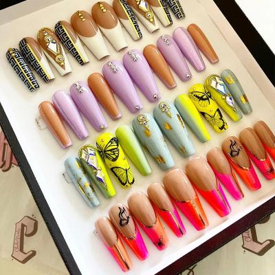 China Design And Customized Ins Fashion Nails Ballerina Luxury Pink Long Gradient Than White Taiji Coffin Artifical Press On Nails Customfalse Nail Packaging Box for sale