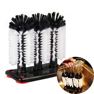 China Water Bottle Cleaning Brush Glass Mug Glass Seal with Suction Base 3 Head Bristle Brushes for Beer Mug, Long Leg Mug, Red Wine Glass for sale