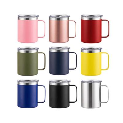 China Logo Printed Stainless Steel Disposable Custom Cup With Double Handle Wall Tumbler 12oz Coffee Travel Mug With Lid And Handle for sale