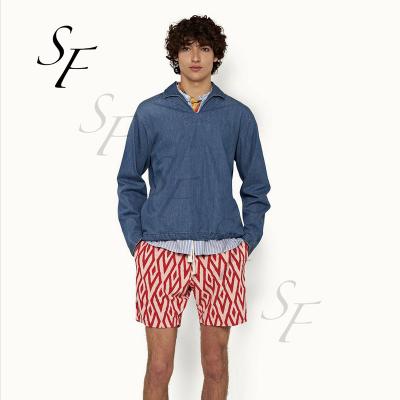 China wholesale Anti-wrinkle loose long sleeve casual gym fitted slim fit sweatshirts indigo relaxed fit retro wash overhead denim shirt for men for sale