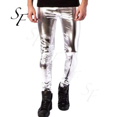 China New Custom Autumn Silver Metallic Motorcycle Anti-wrinkle PU Hip Gaiters Elastic Training Shiny Leather Pants For Men for sale