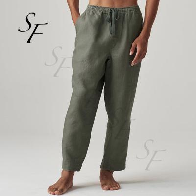 China High Quality Custom Anti-Wrinkle Lounge Elastic Waistband Tapered Leg Fitted Casual Linen Pants In Men Khaki for sale