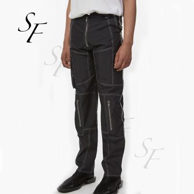 China custom black Anti-wrinkle high waist contrast stitching straight leg biker pants flat front casual loose sports track pants for men for sale