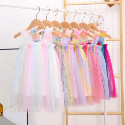 China 2021 summer new girls gauze net suspender children's anti-static clothes children's gauze princess rainbow tutu skirt baby net dress for sale