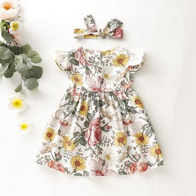 China Breathable Girls Summer Dresses 2022 New Pop Sleeve Fly Sleeve Korean Flower Print Lovely Princess Dress for sale