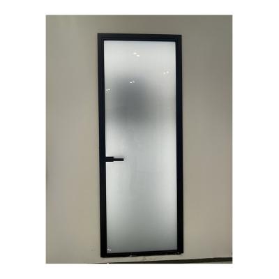 China Waterproof Fast Delivery Black Ultra Narrow Frame Single Frosted Glass Aluminum Swing Door for sale