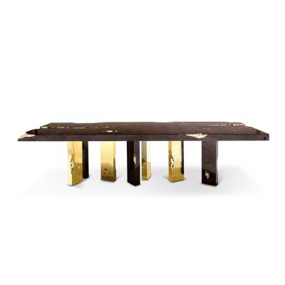 China Modern Style Luxury Wood Carving Metal Brass Frame Wooden Dining Tables Set for sale