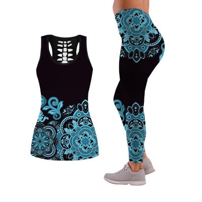 China Sustainable Women's Yoga Suit Retro Hollowed 3D Yoga Vest Set Digital Custom Print for sale